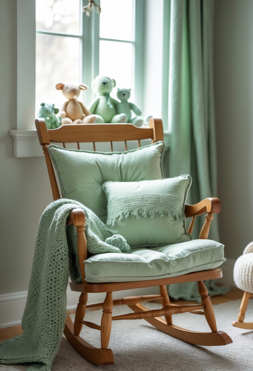 A wooden rocking chair with a soft sage green cushion in a nursery corner with plush toys and a knitted blanket, bathed in natural light.