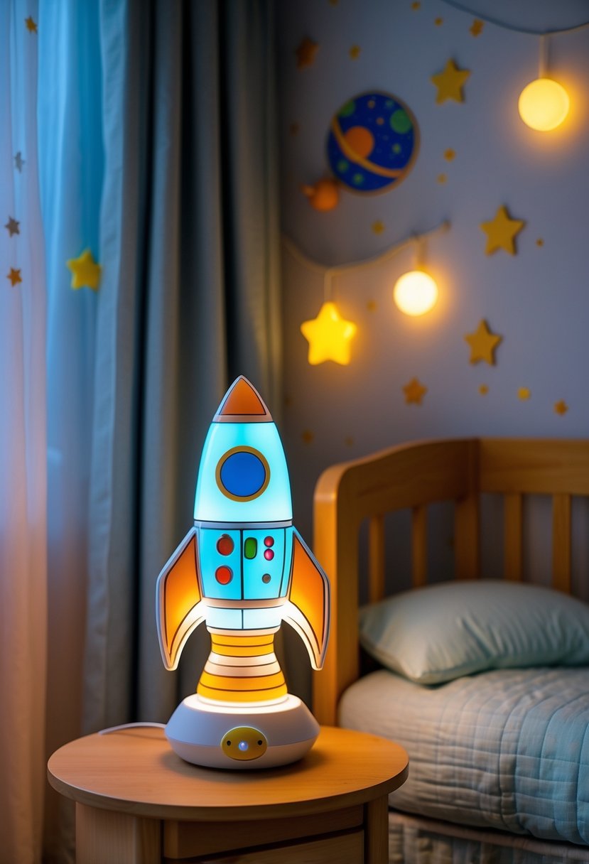 A children's nursery with a rocket ship night light glowing softly on a bedside table next to a crib decorated with star and planet decals.