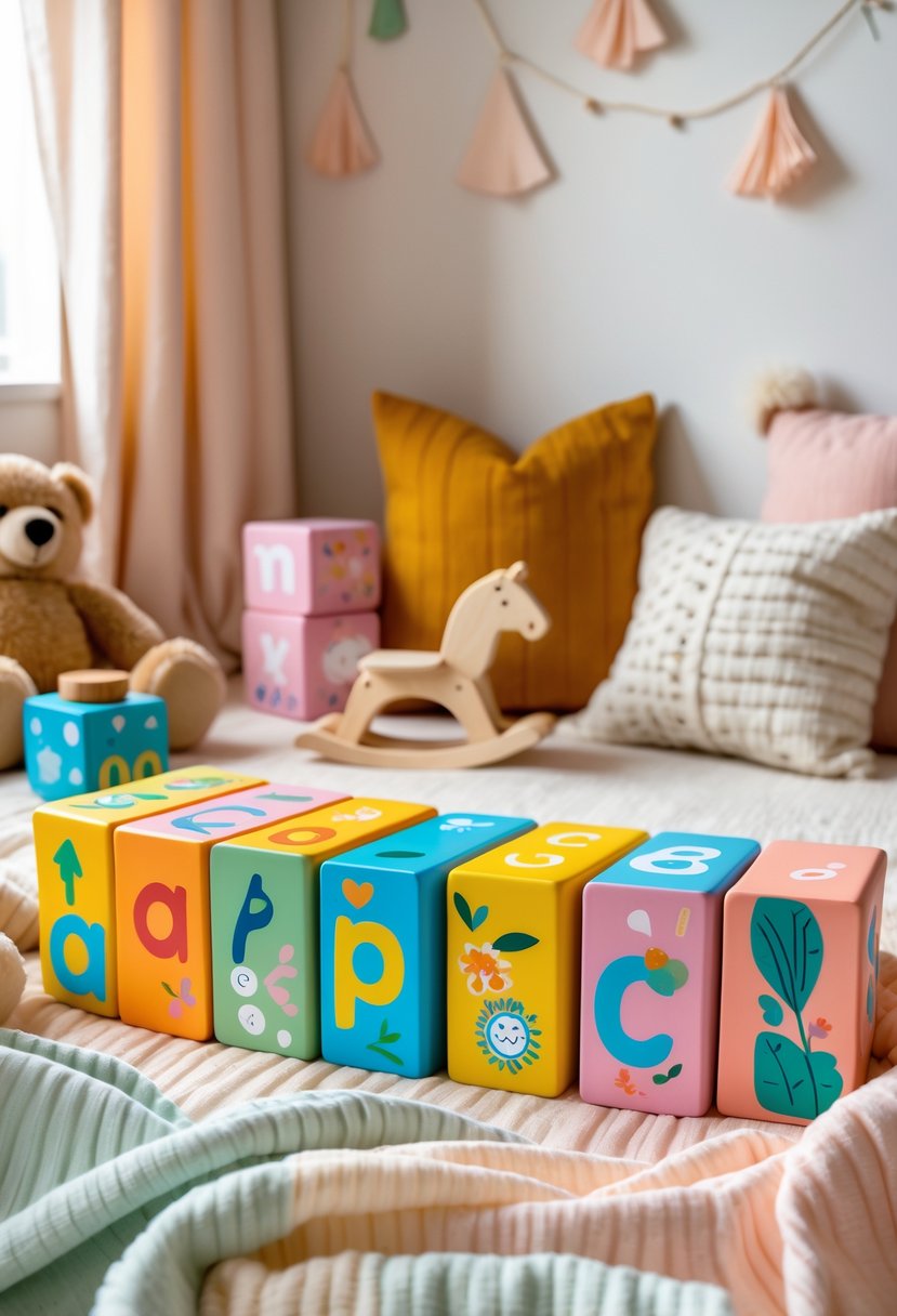 A set of colorful hand-painted alphabet blocks arranged on a blanket in a nursery with toys and soft pillows nearby.