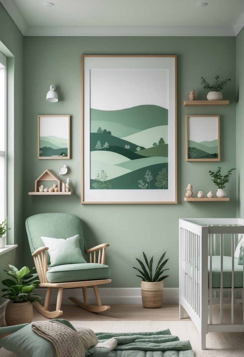 A peaceful nursery decorated with framed landscape artwork in green tones, featuring a crib, rocking chair, and soft textiles.
