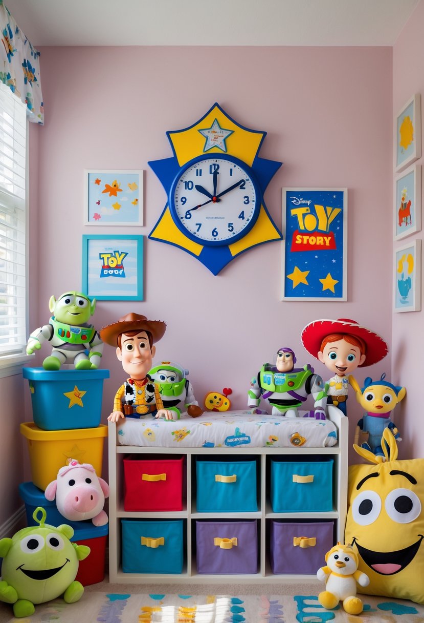 A nursery room with a sheriff badge-shaped wall clock and Toy Story-themed decorations including plush toys and colorful storage.