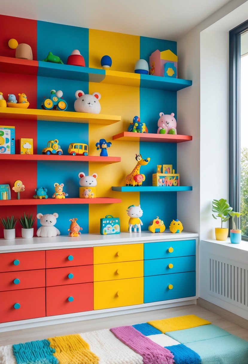 A nursery with colorful wall shelves holding toys, books, and plants in a bright, cheerful room.