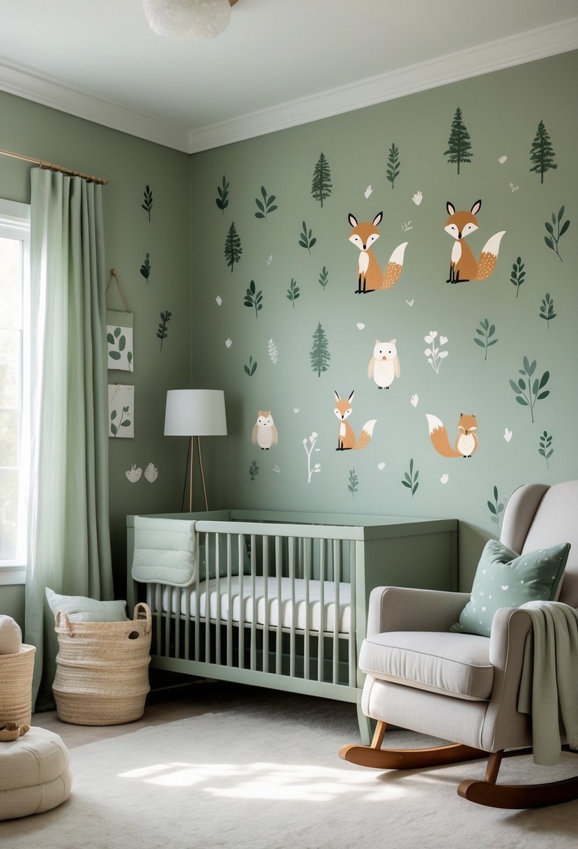 A calm nursery with sage green walls decorated with woodland animal decals and soft, neutral furniture.