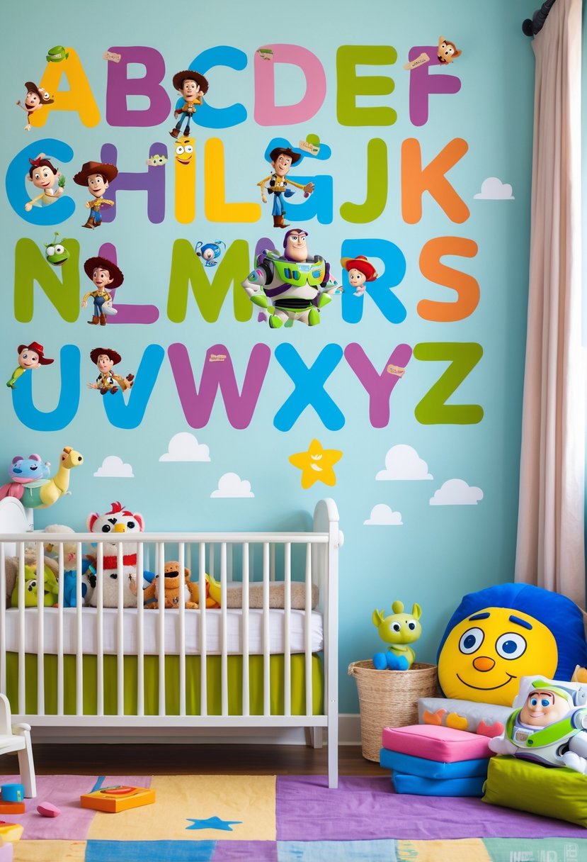 A nursery room with colorful Toy Story-themed alphabet wall decals and plush toys arranged around a cozy crib.