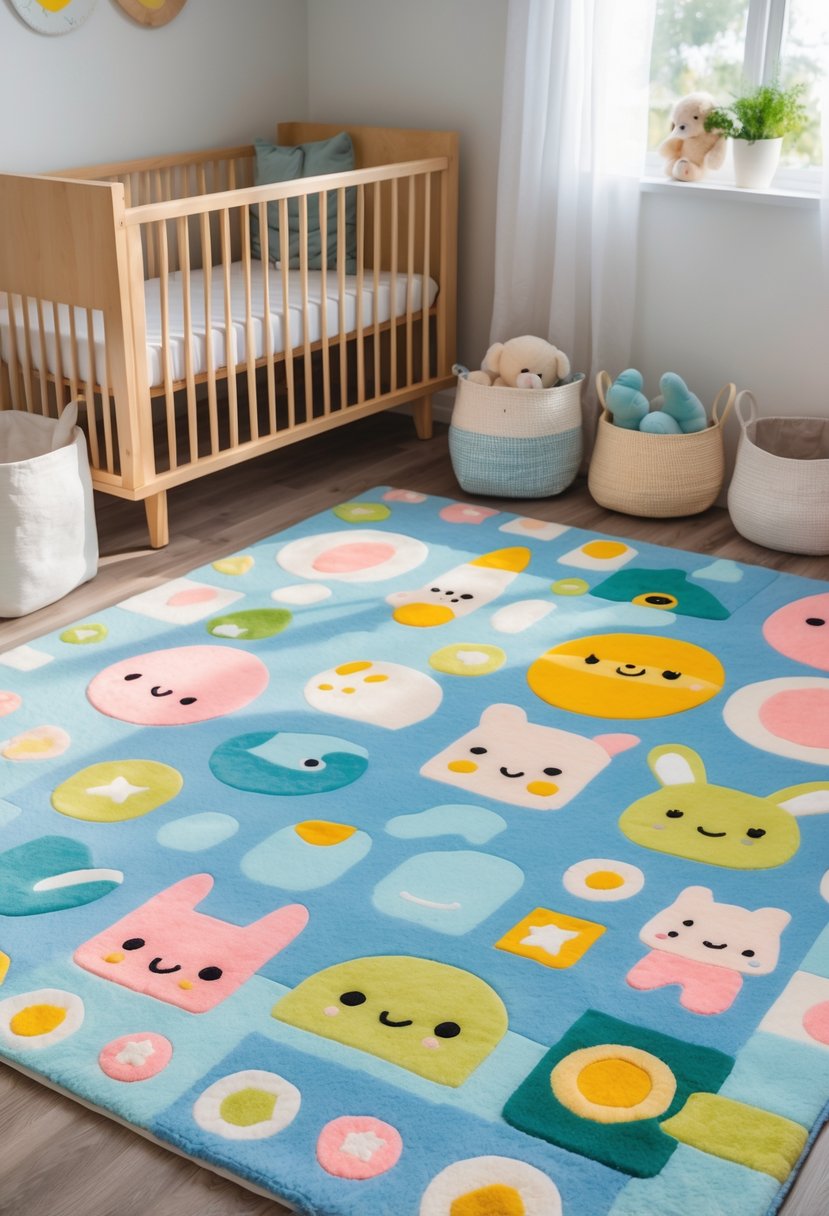 A nursery room with a colorful rug featuring playful patterns and surrounded by a crib, toys, and storage baskets.