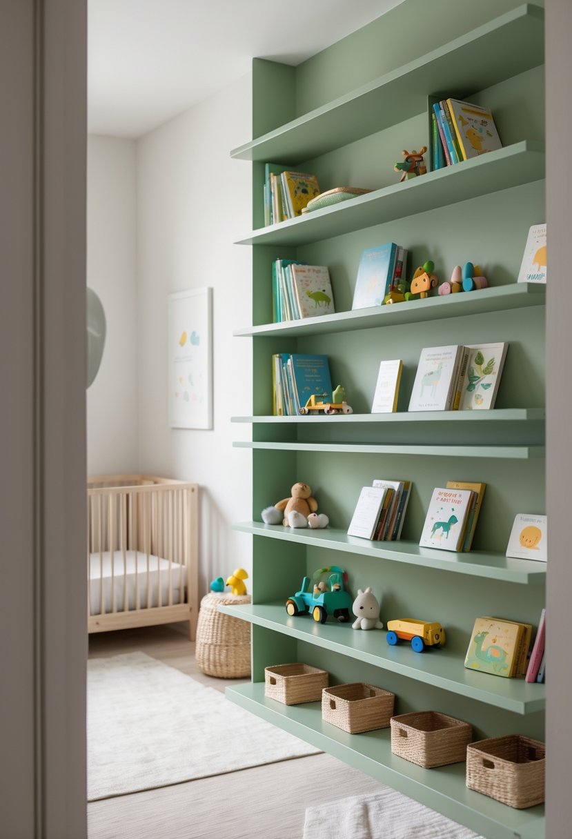 A nursery with sage green floating shelves holding books and toys, surrounded by soft lighting and cozy furnishings.