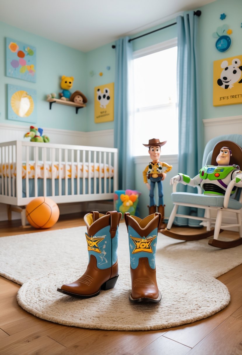 A nursery room with cowboy boot-shaped rugs on the floor and Toy Story-themed toys and decorations around.