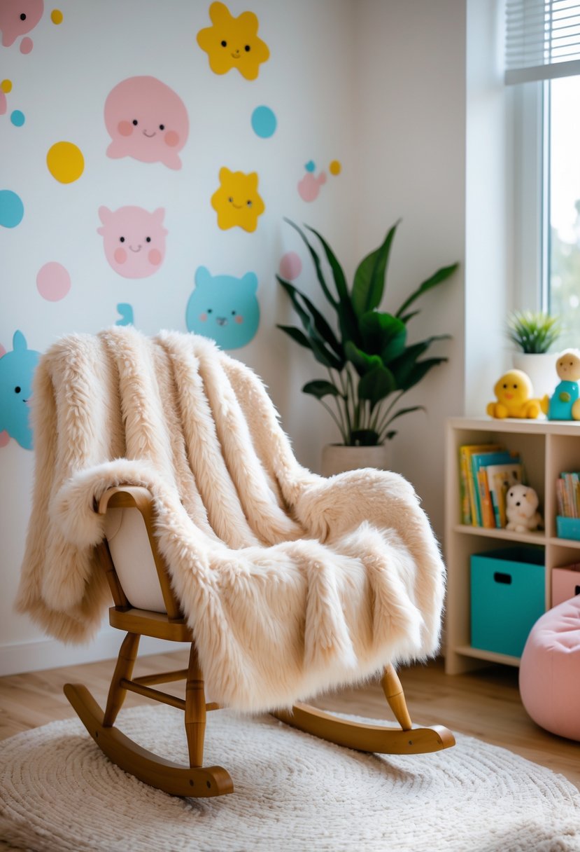A cozy nursery corner with a faux fur throw blanket on a wooden rocking chair, colorful toys, and children's books on shelves.