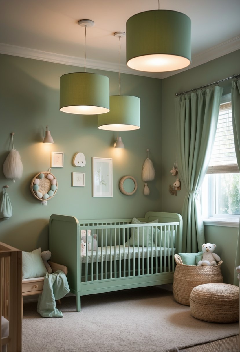 A softly lit nursery with sage green lampshades casting warm light over a crib and calming green decor.