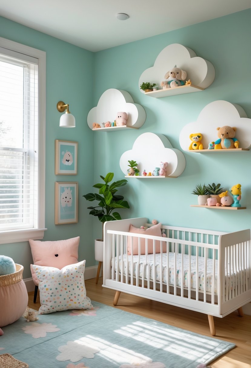 A nursery room with floating cloud-shaped wall shelves holding toys and plants above a cozy crib with soft bedding.