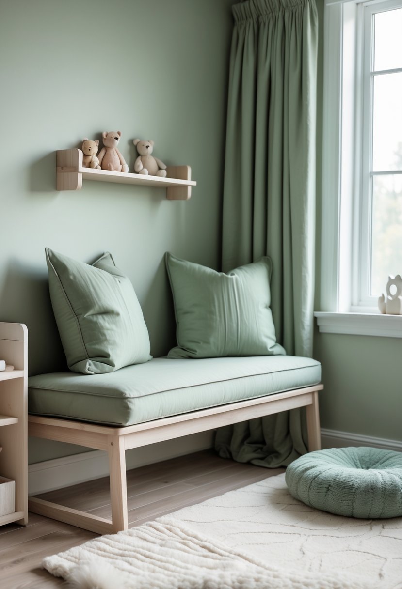 A seating bench with muted sage green throw pillows in a calm nursery corner with soft natural light and minimal decor.