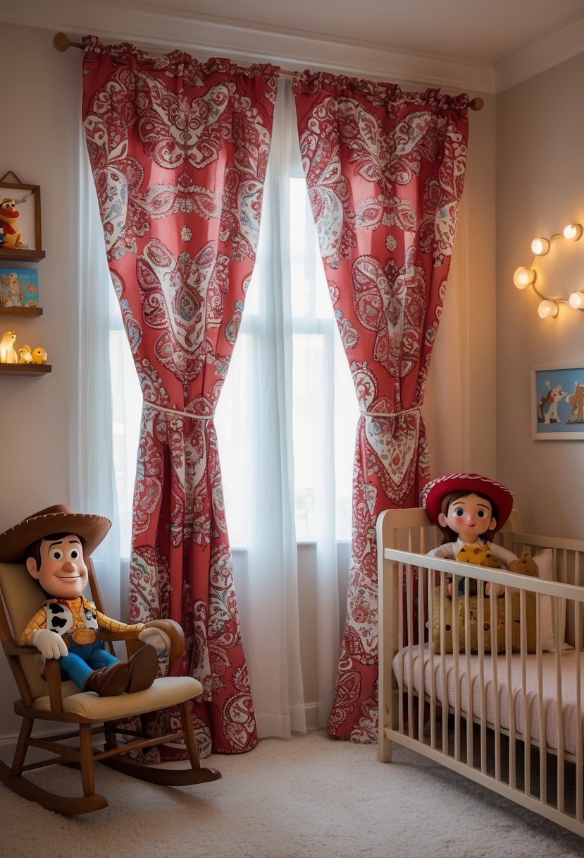 A cozy nursery room with red and white bandana-patterned curtains, a plush cowboy doll on a rocking chair, a small shelf with books, and a crib with a blanket.