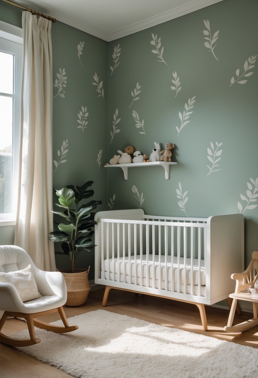 A calm nursery corner with a sage green wallpaper accent wall featuring leaf patterns, a white crib, a rocking chair, and soft natural lighting.