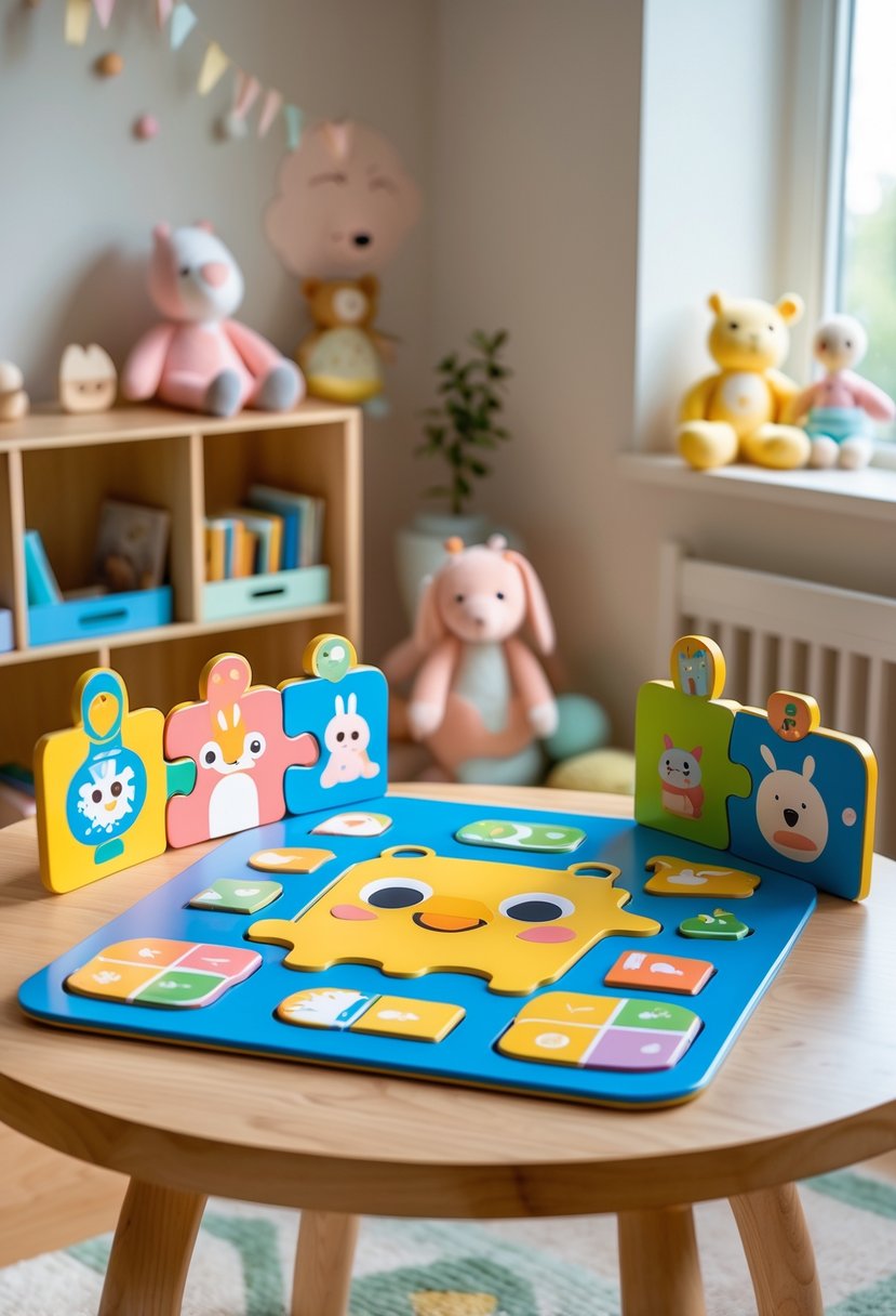 A nursery table with a colorful Toca Boca puzzle set surrounded by plush toys and children's books in a bright, cozy room.