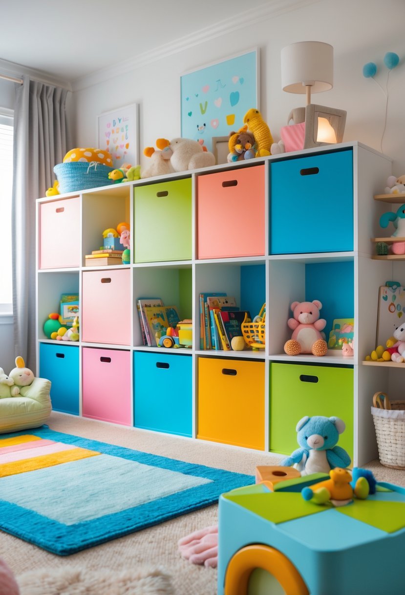 A colorful cube storage unit filled with toys and books in a bright and cheerful children's nursery.