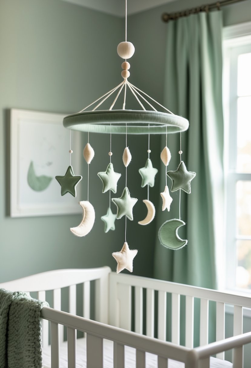 A nursery corner with a white crib and a sage green felt crib mobile hanging above it, surrounded by soft natural light.