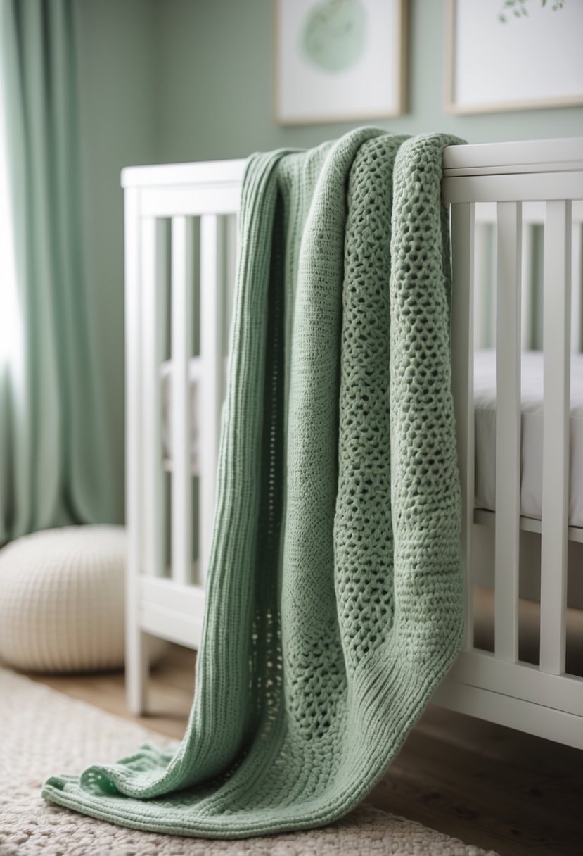 A crib with a sage green knit baby blanket draped over the side in a softly decorated nursery.