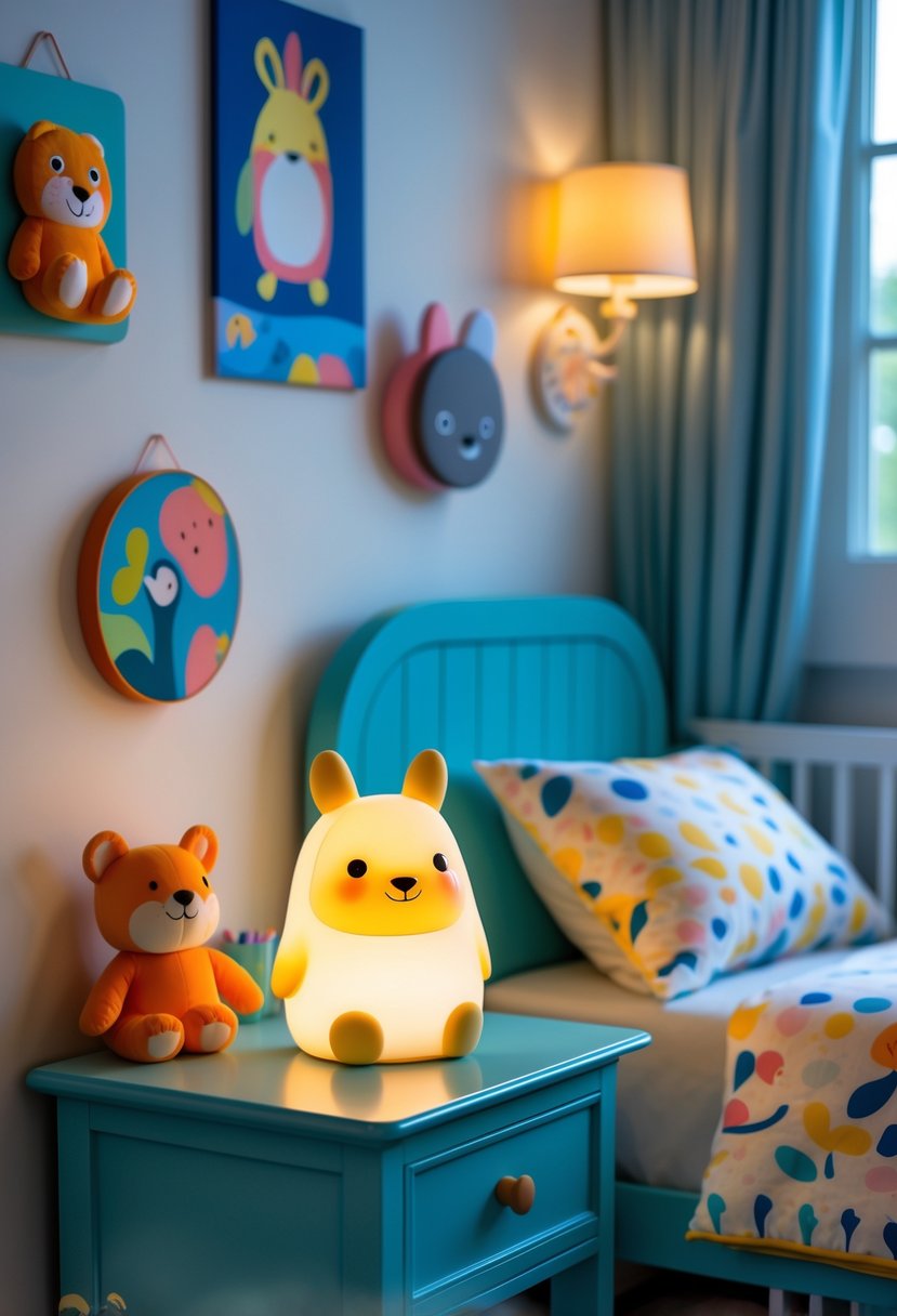 A children's nursery with a glowing animal-shaped night light on a bedside table surrounded by colorful toys and decorations.