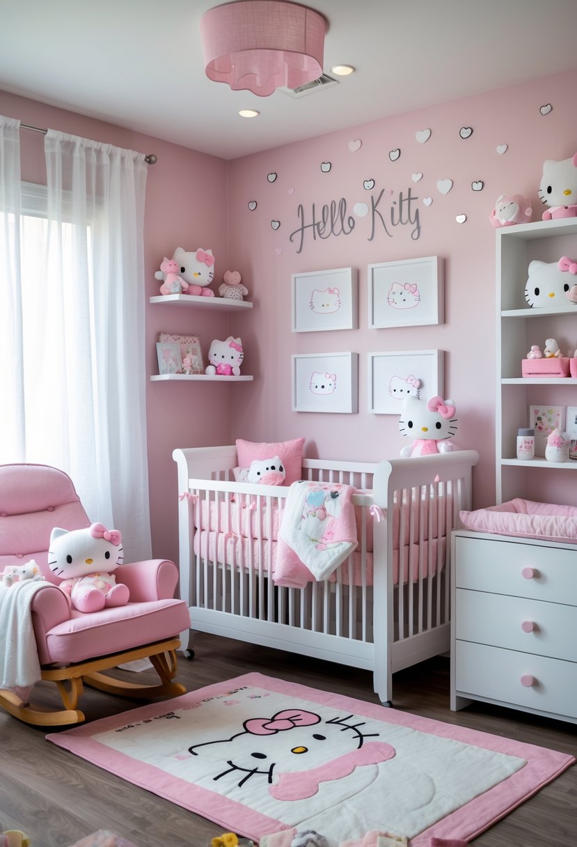 A softly lit nursery room decorated in pink and white with a crib, plush toys, shelves with baby items, and a rocking chair.