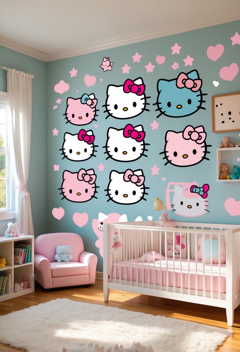 A nursery room with pastel walls decorated with multiple Hello Kitty wall decals, a crib with pink bedding, a bookshelf with toys, and a soft rug on the floor.