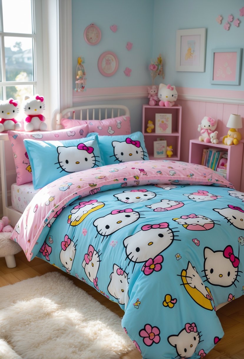 A nursery room with a bed covered in Hello Kitty themed bedding and decorated with Hello Kitty toys and pastel-colored nursery items.