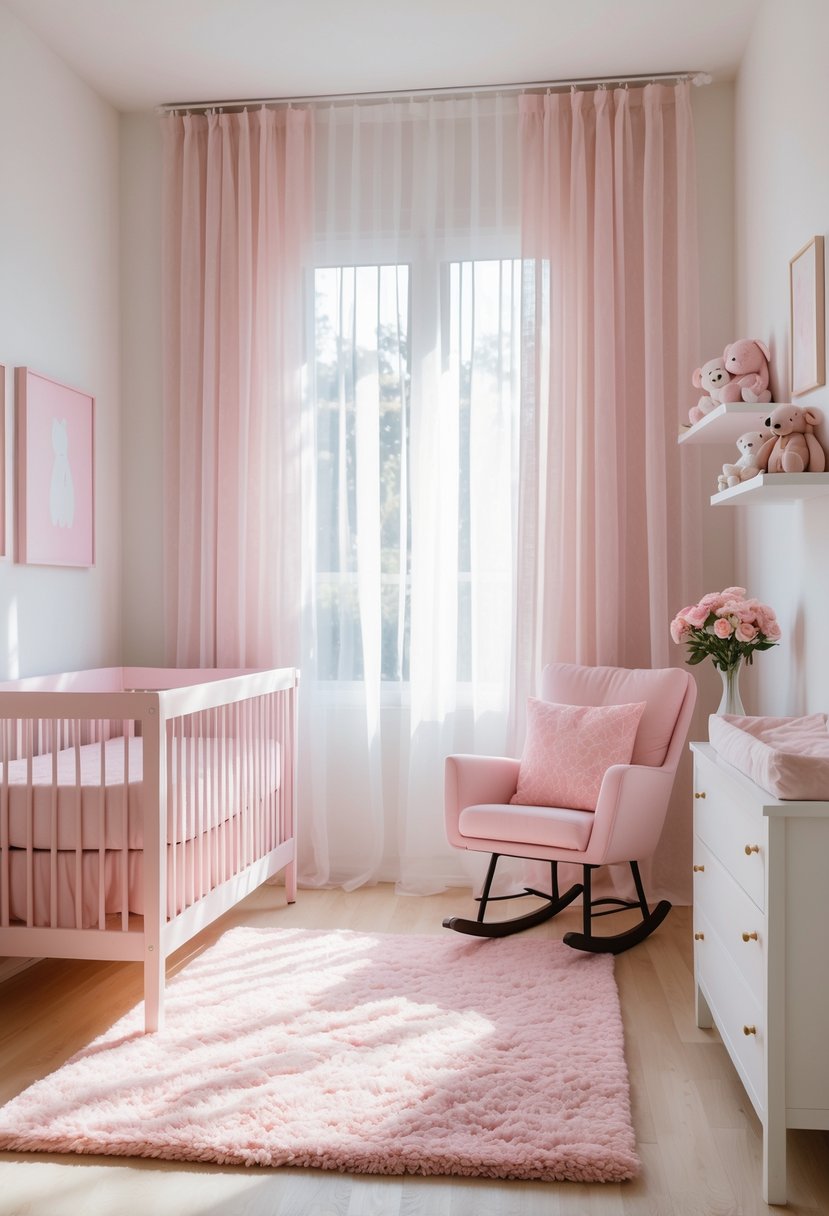 A baby nursery with a crib, rocking chair, and pink decorations including bedding, rug, and wall accents.