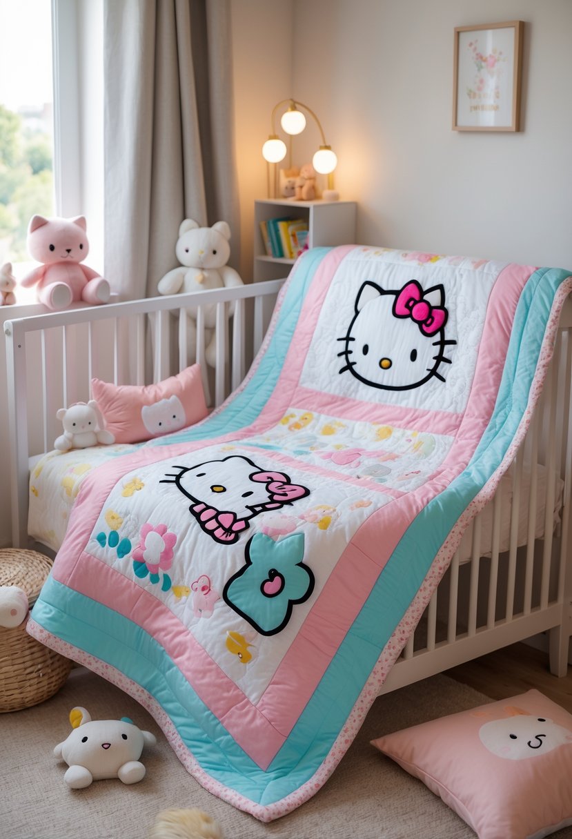 A cozy nursery room with a crib covered by a colorful Hello Kitty quilt and soft toys around it.