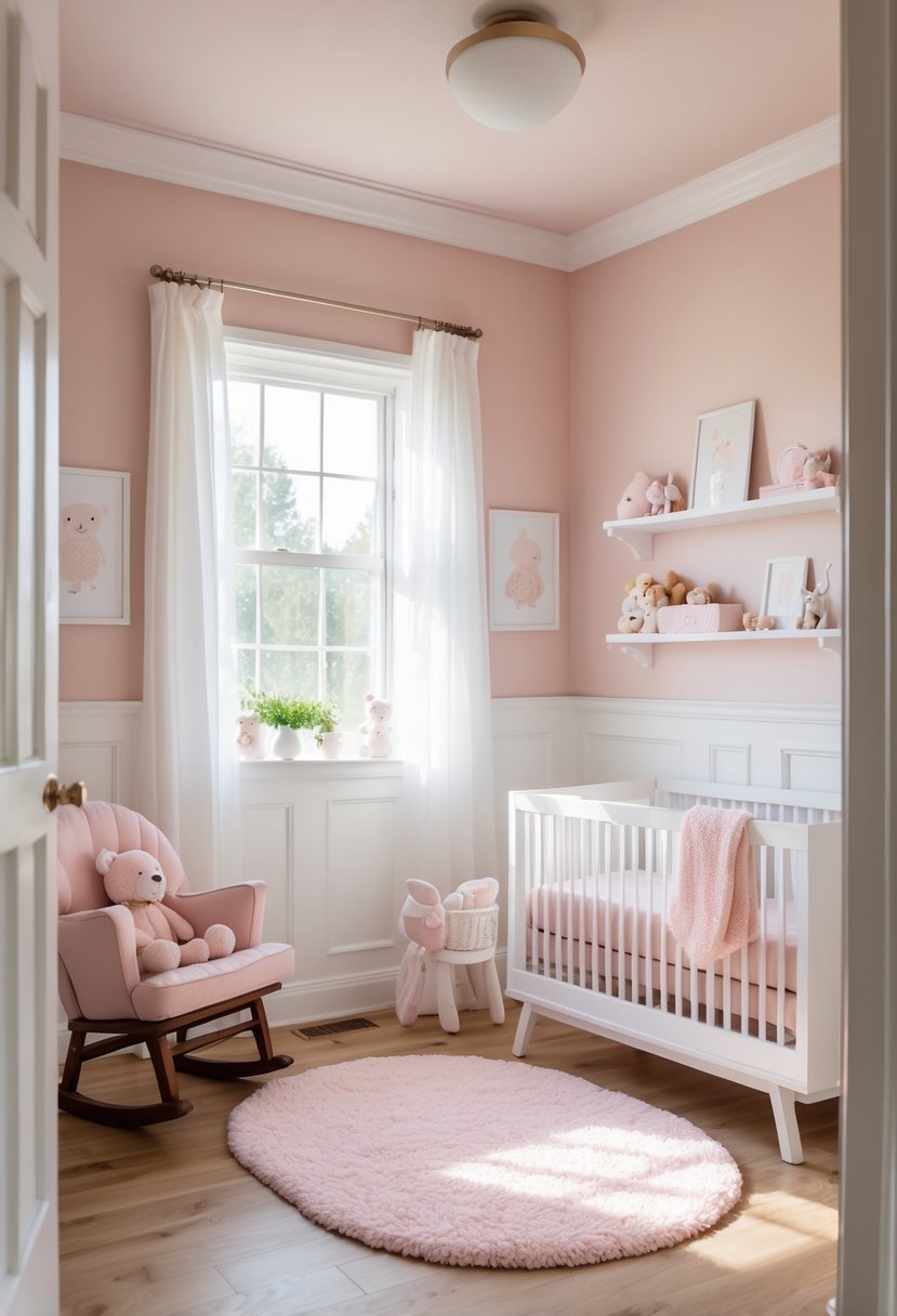 A baby nursery with blush pink walls, white wainscoting, a white crib with pink bedding, a rocking chair, toys, and soft natural lighting.