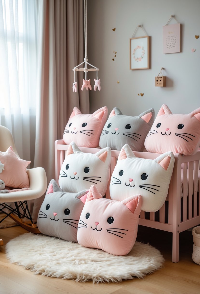 A nursery room with several cute cat-shaped cushions placed on a crib and rocking chair, surrounded by soft pastel decor and natural light.