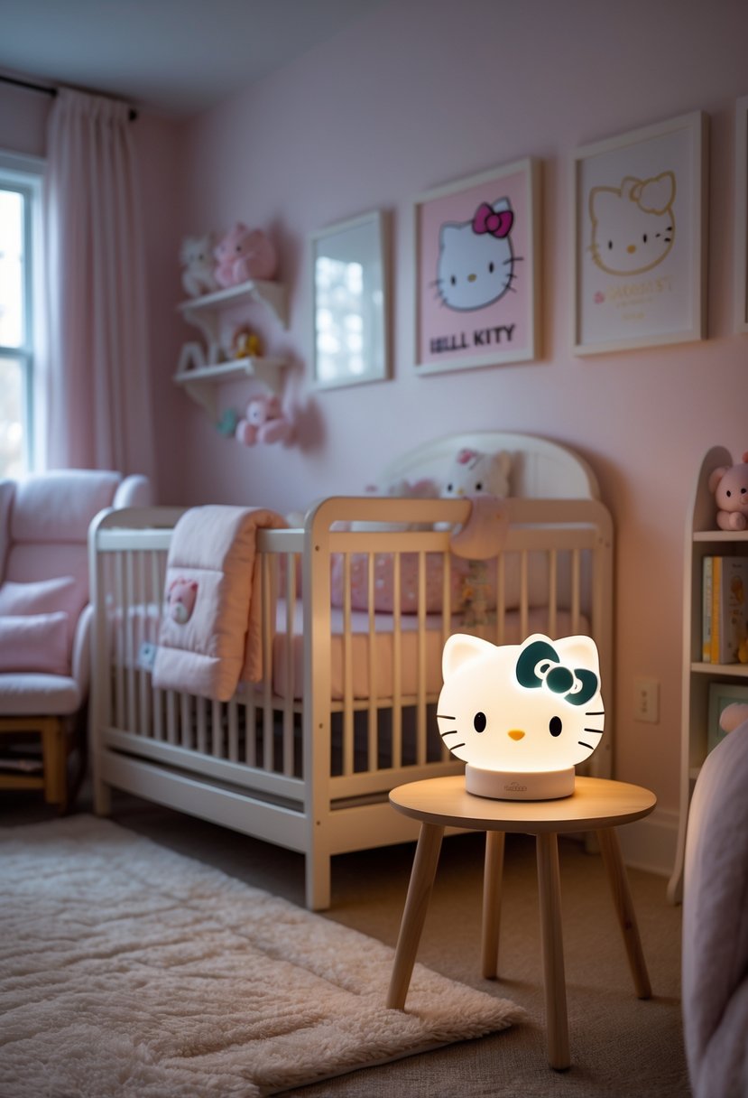 A cozy nursery with a Hello Kitty night light on a bedside table, a crib, plush toys, and soft pastel decorations.