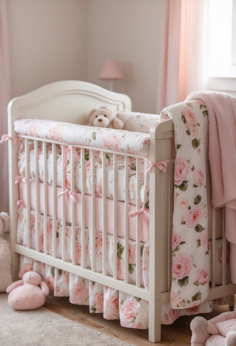 A baby crib with pink floral bedding in a softly decorated nursery room.