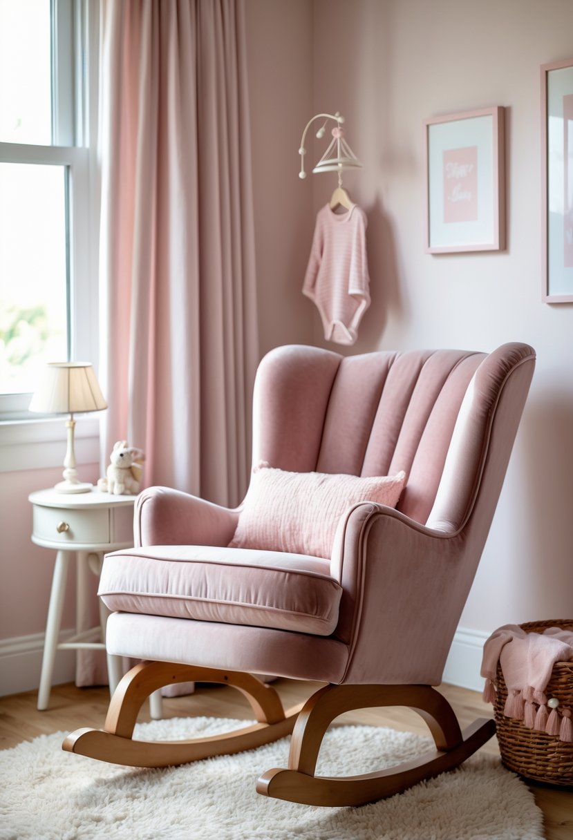 A dusty rose velvet rocking chair in a softly decorated baby nursery with pastel pink and neutral tones.