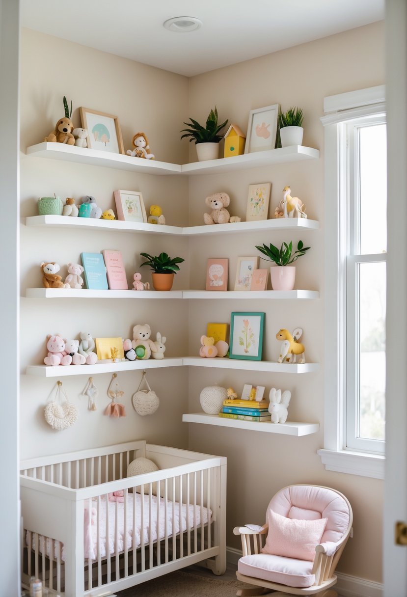 A small nursery corner with floating shelves holding toys and books above a crib and a rocking chair.