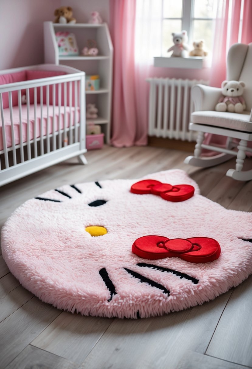 A cozy nursery room with a plush Hello Kitty rug on the wooden floor surrounded by a crib, stuffed animals, and a rocking chair.