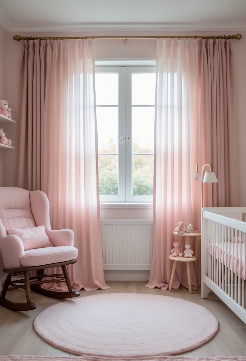 A baby nursery with muted pink ombre curtains filtering soft light, a white crib, a rocking chair, and baby toys arranged neatly.