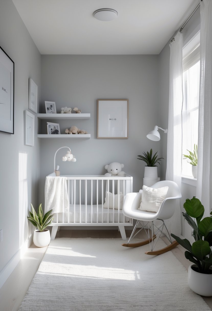A small nursery room with a compact crib, floating shelves holding baby toys and books, a rocking chair, and soft natural light coming through a window with sheer curtains.
