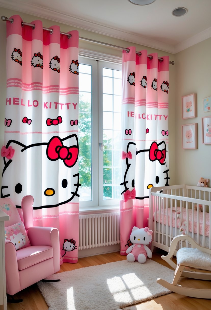 A nursery room with Hello Kitty-themed curtains over a window, a crib with pastel bedding, plush toys, and soft natural light.