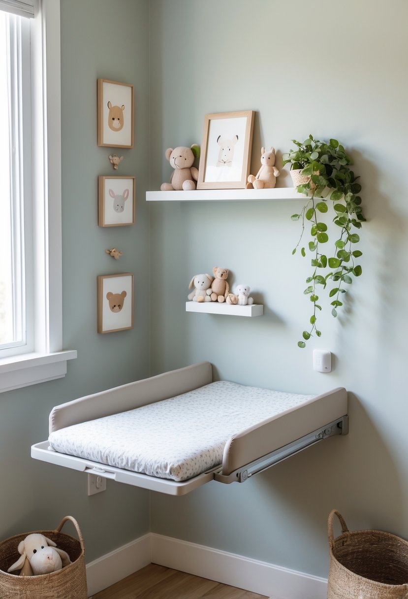 A small nursery corner with a wall-mounted fold-down changing station, decorated with plush toys, framed prints, a potted plant, and a woven basket.