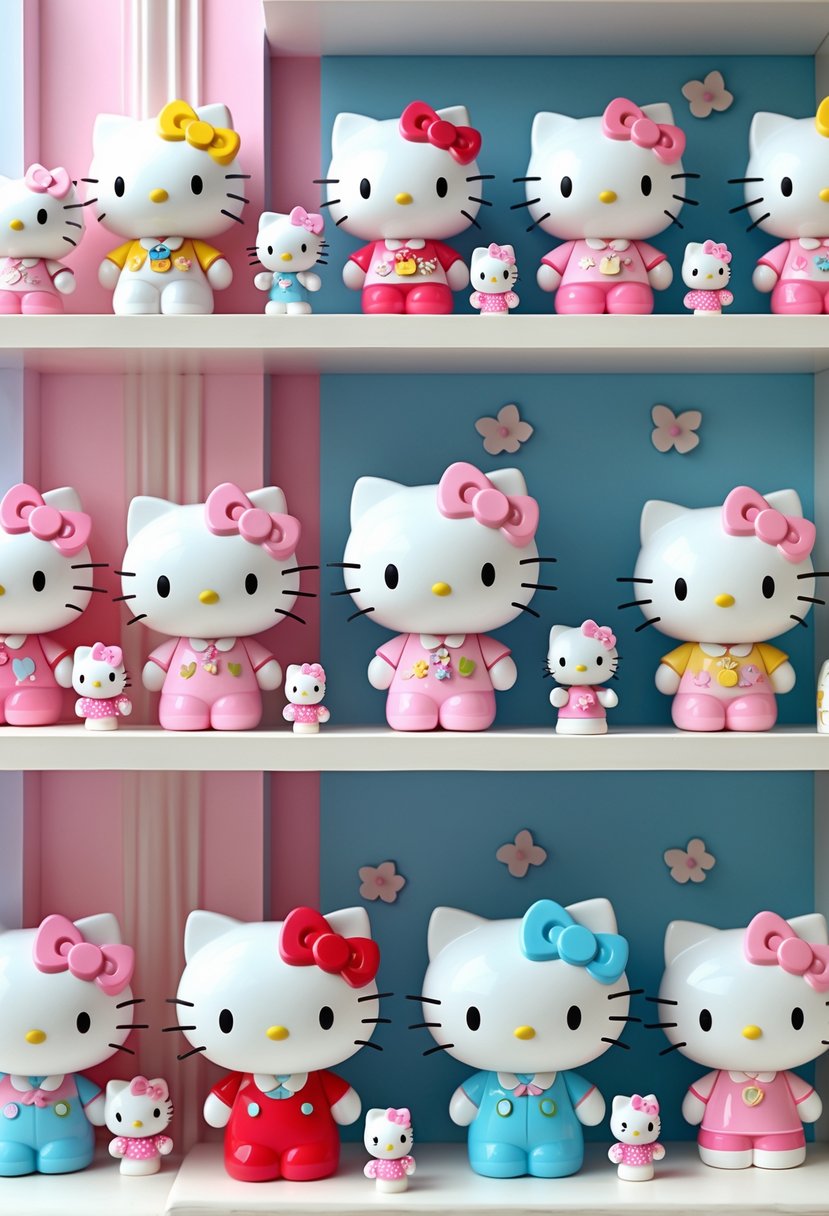 Decorative shelves displaying multiple Hello Kitty figurines in a brightly lit nursery room.