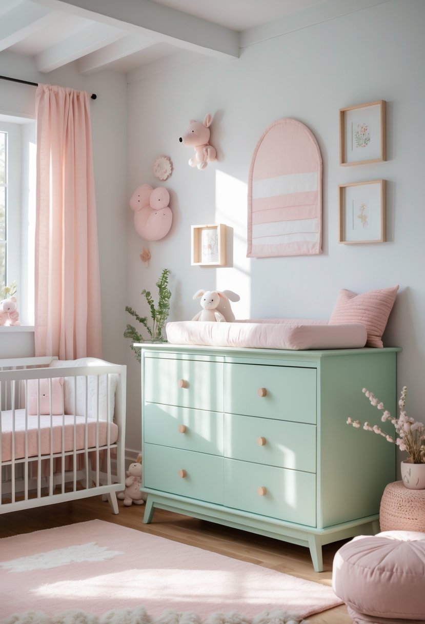 A baby nursery with a mint green dresser and soft pink decorations including a crib, toys, and cushions.
