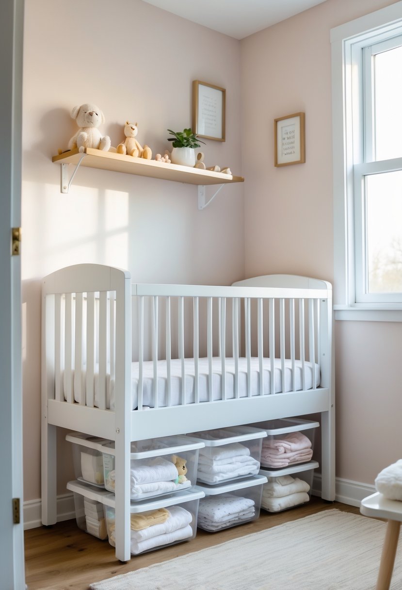 A small nursery with a white crib and clear storage bins underneath holding diapers and baby clothes, with soft pastel walls and natural light.