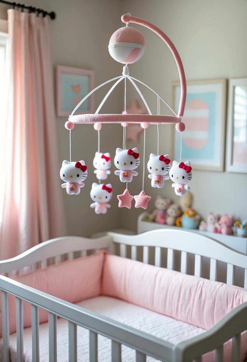 A baby's nursery with a crib and a Hello Kitty mobile hanging above it, decorated in soft pastel colors.