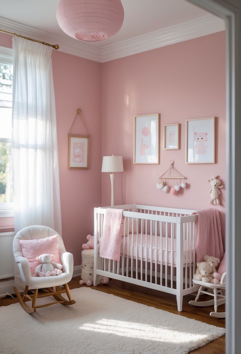A baby nursery with a pink feature wall, white crib, soft toys, and natural light coming through sheer curtains.
