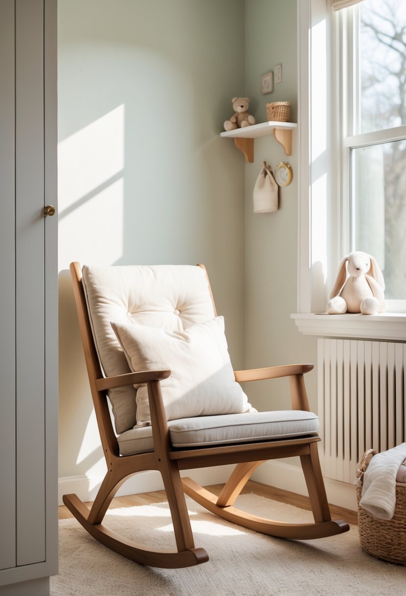 A slim wooden rocking chair with cushions in a small nursery corner surrounded by baby items and soft natural light.