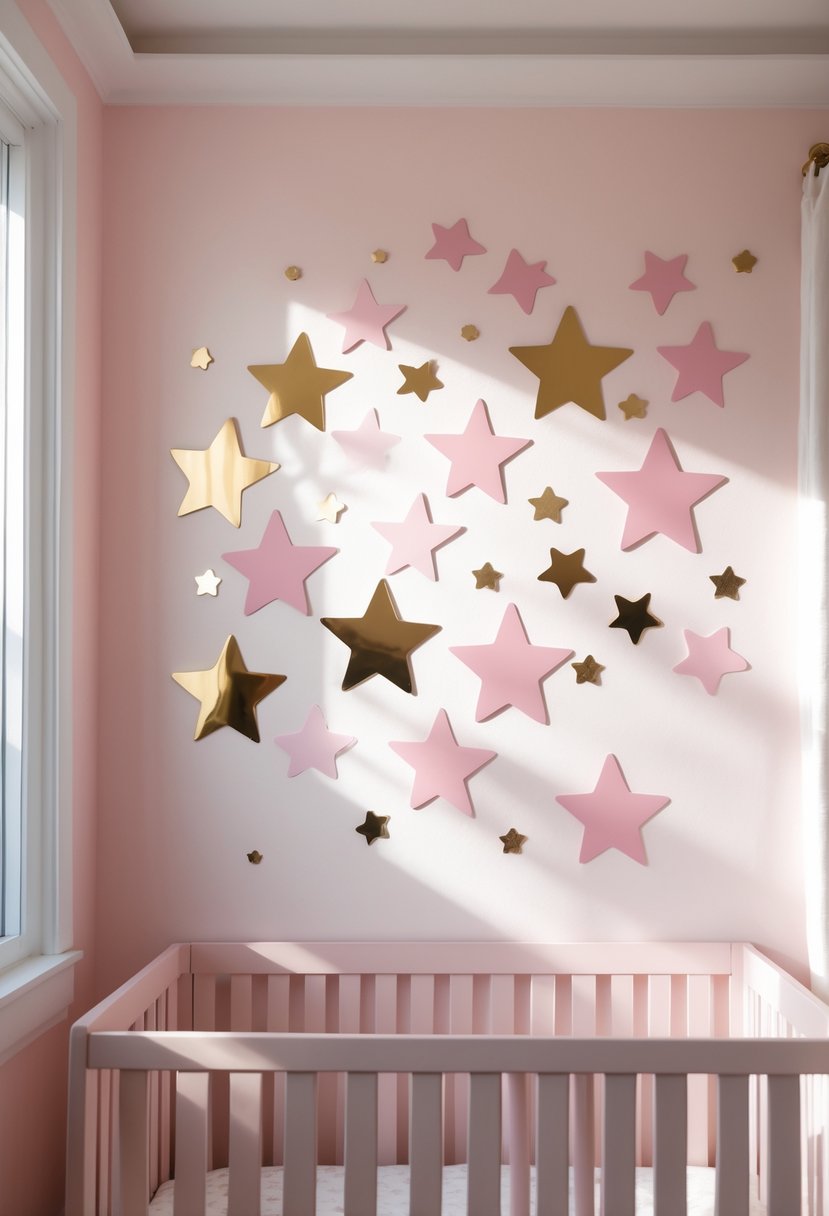 A baby nursery wall decorated with pink and gold star-shaped decals on a soft pink background.