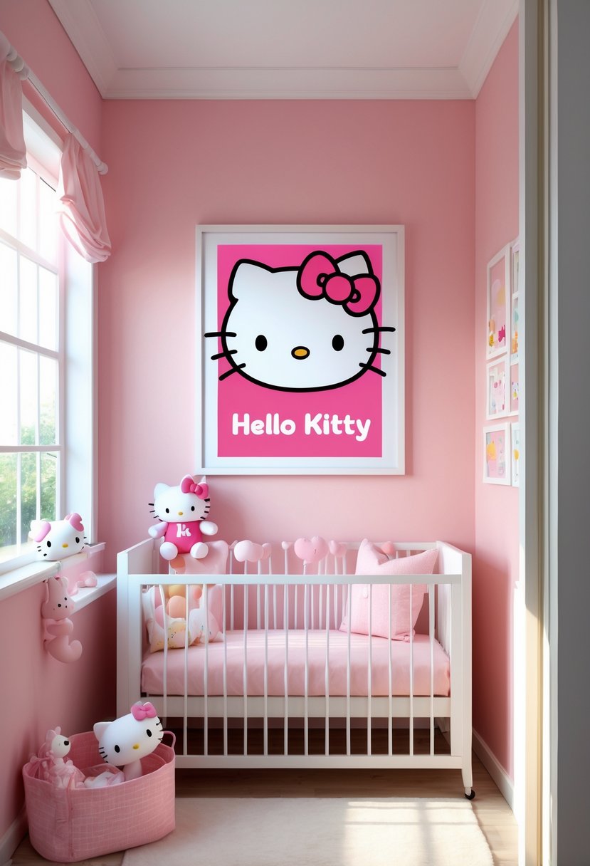 A nursery room with a framed Hello Kitty artwork on a pink wall, a white crib with pink bedding, and plush toys.