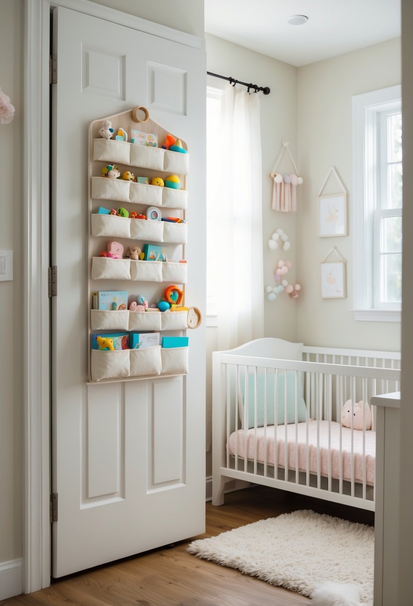 A small nursery corner with an over-the-door organizer holding toys and supplies next to a crib with pastel bedding.