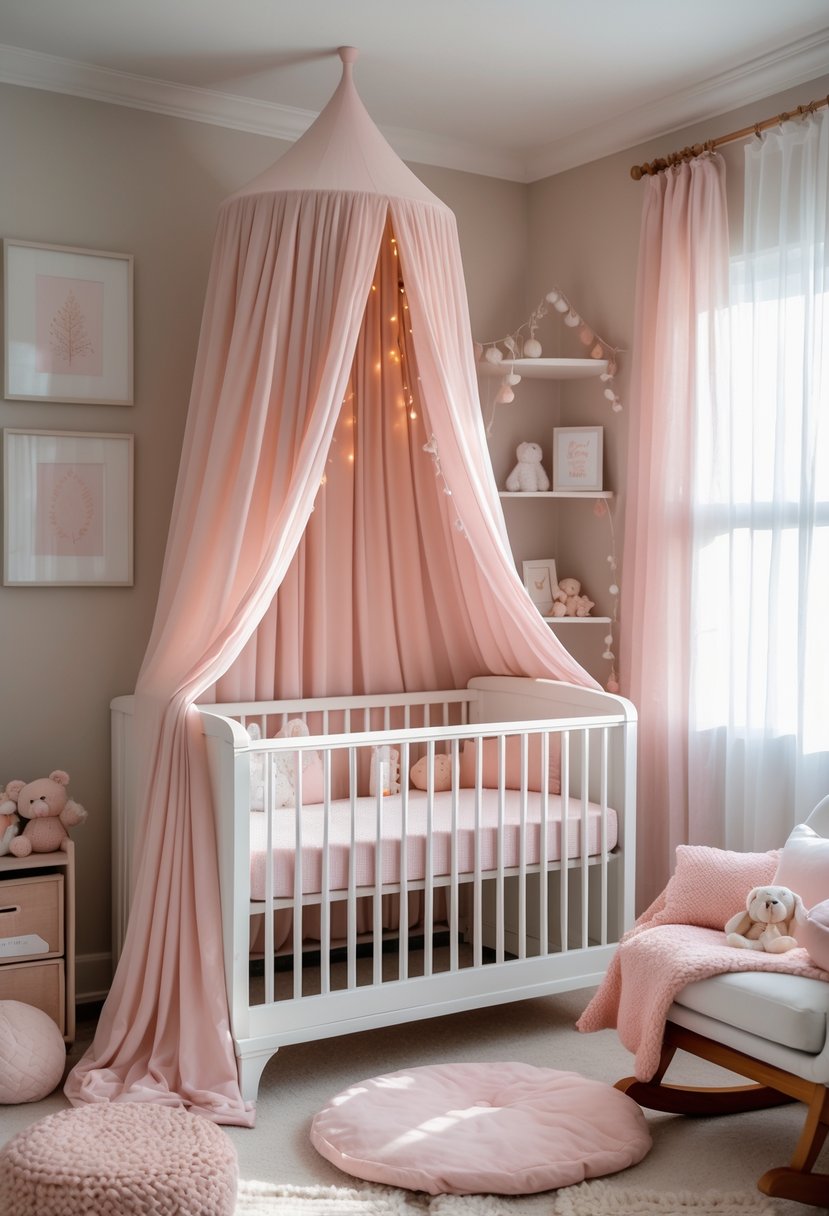 A baby crib with a pink canopy draped over it in a softly decorated nursery room.