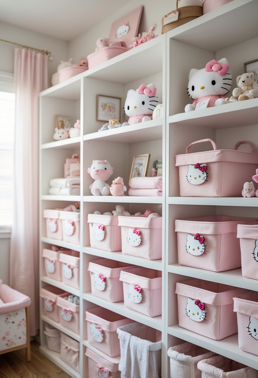 A nursery room with pastel pink storage bins and Hello Kitty themed decorations arranged neatly on shelves.