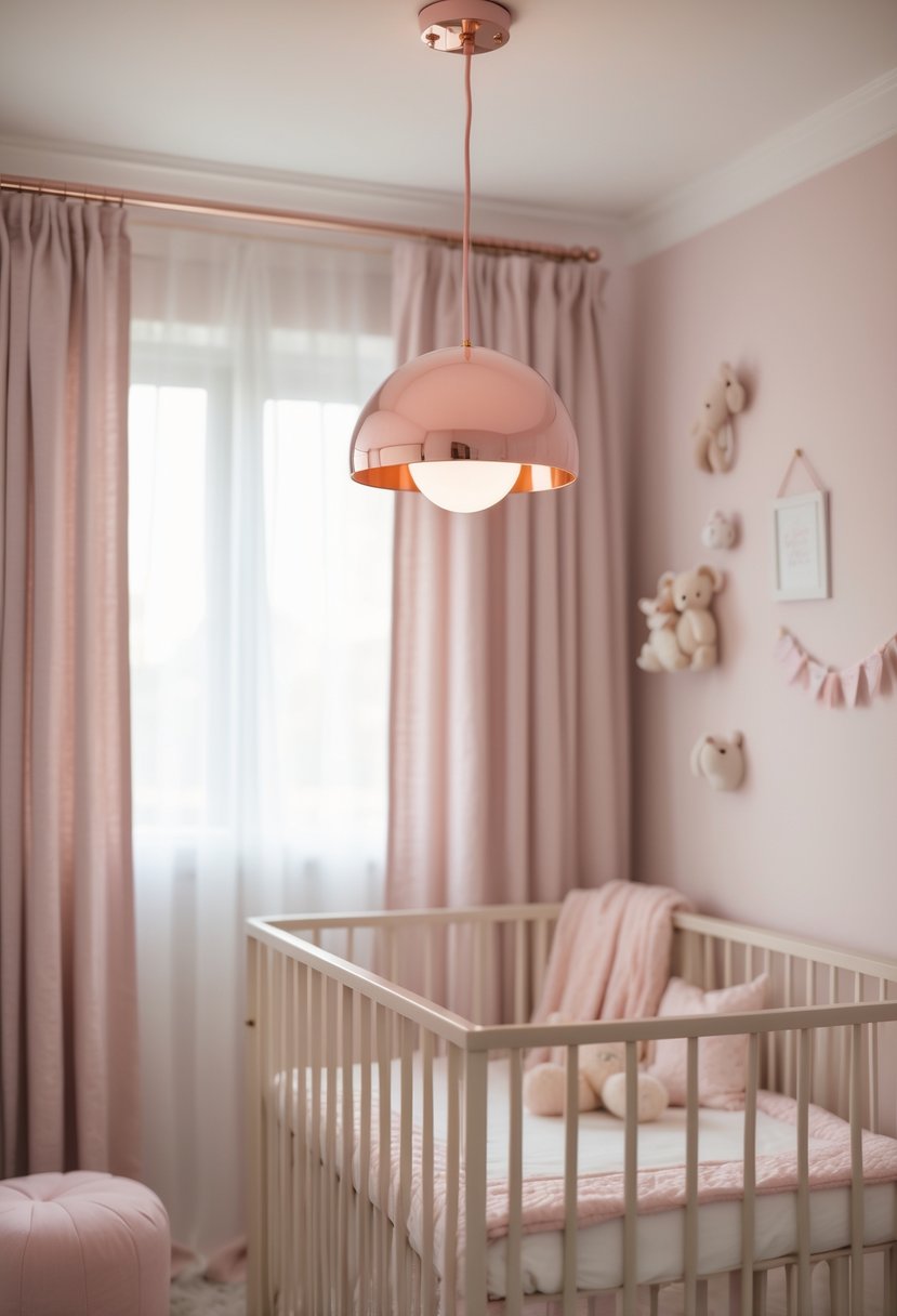 A baby nursery with a rose gold pendant light fixture, a crib, soft pink decorations, and natural light coming through a window.